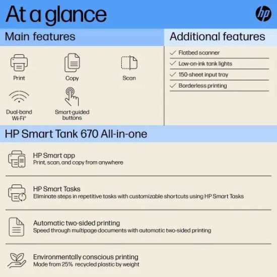 HP Smart Tank 670 Wi-Fi Duplexer All-in-One Color Printer